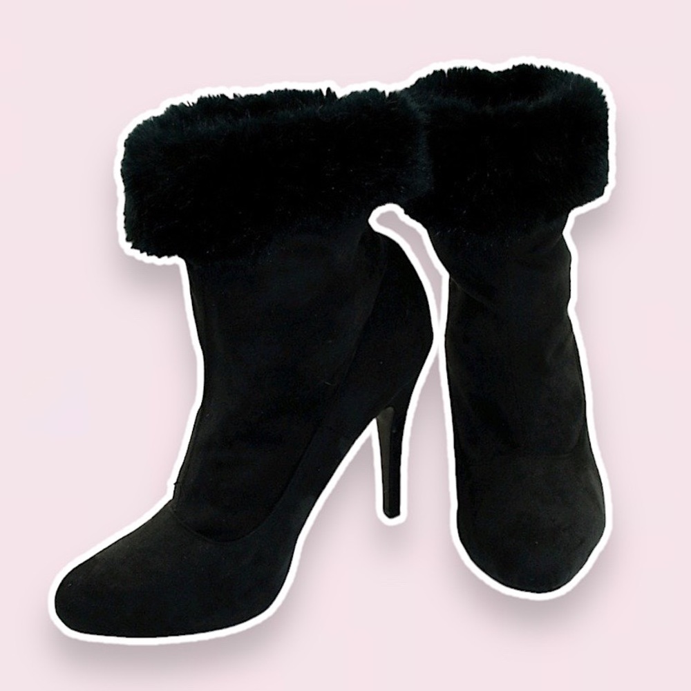 Kardashian Kollection Black Fuzzy Ankle Boots